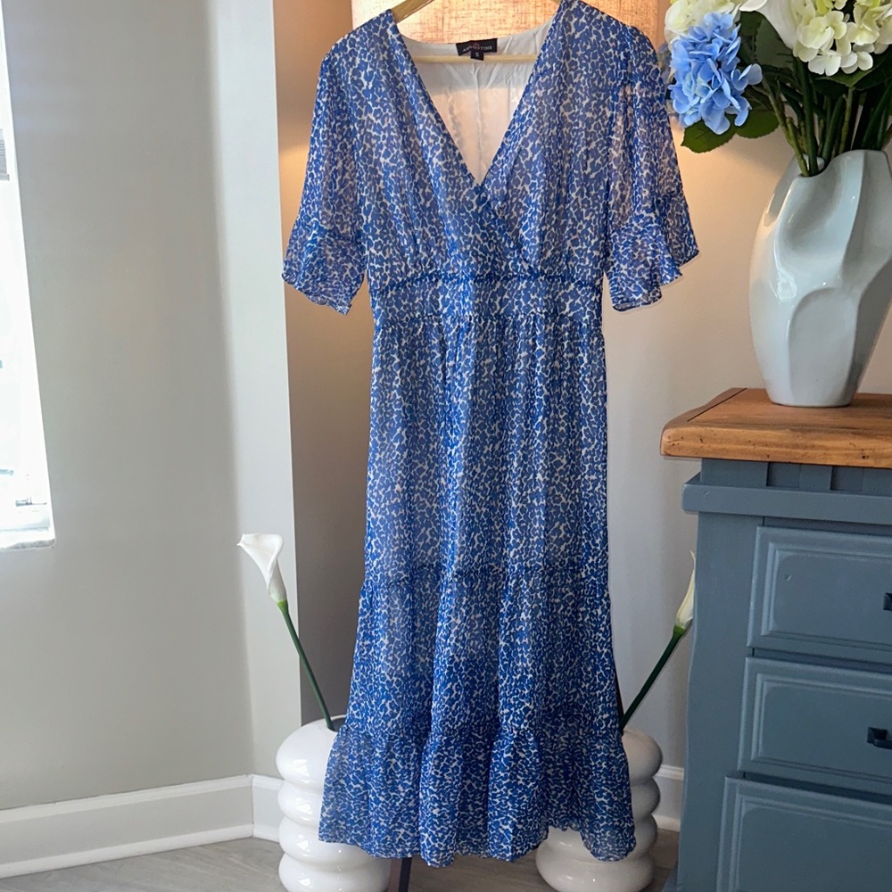 Chic Blue Chiffon Patterned Maxi Dress